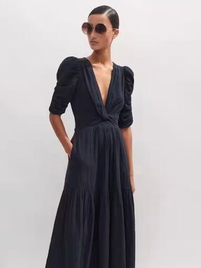 NWT ME+EM Navy Cheesecloth Gathered Sleeve Maxi Dress Sz 6